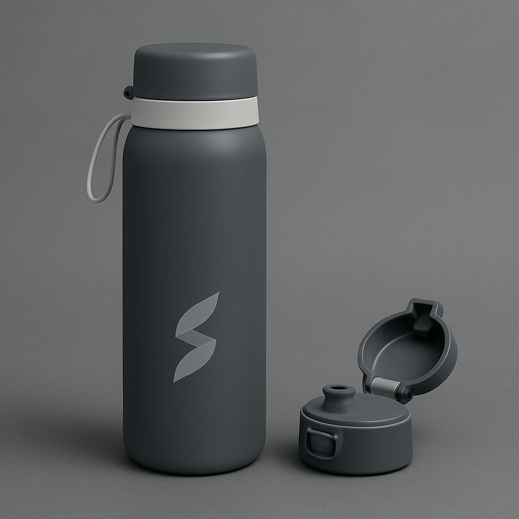 Gray water bottle with a detachable cap on a gray background