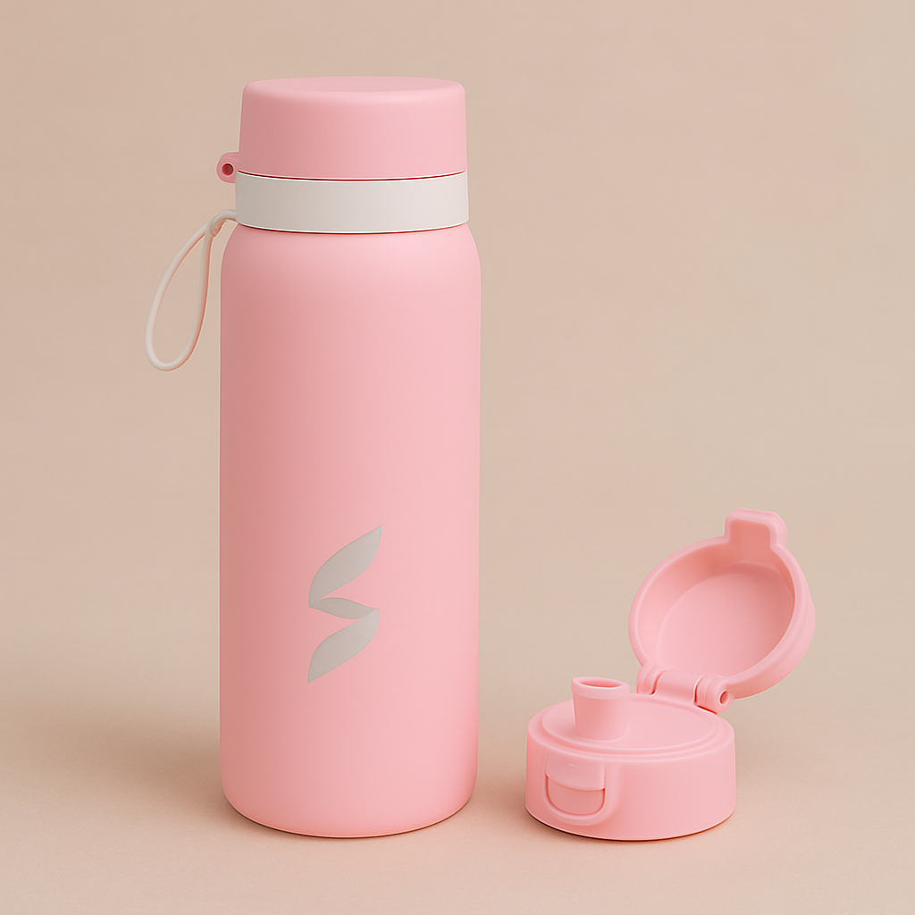 Pink water bottle with a detachable cap on a beige background