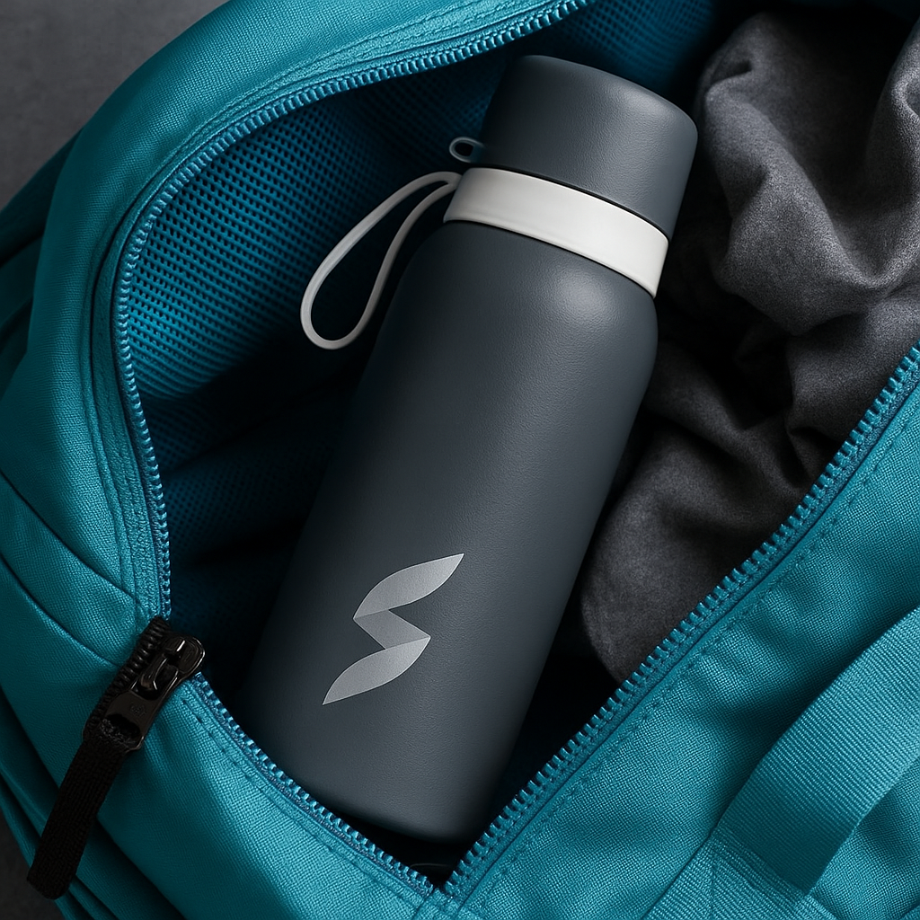 Black water bottle with a logo inside an open teal backpack