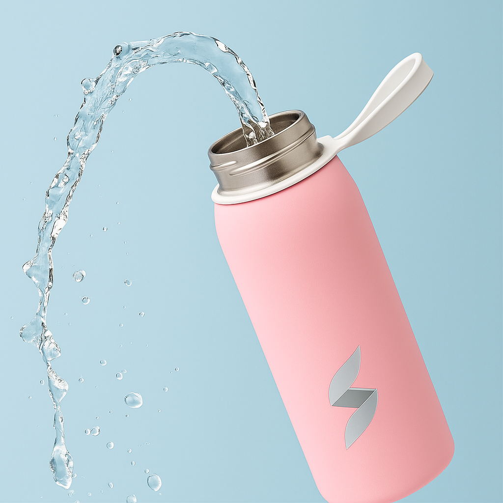 Pink water bottle with a silver lid and straw on a light blue background