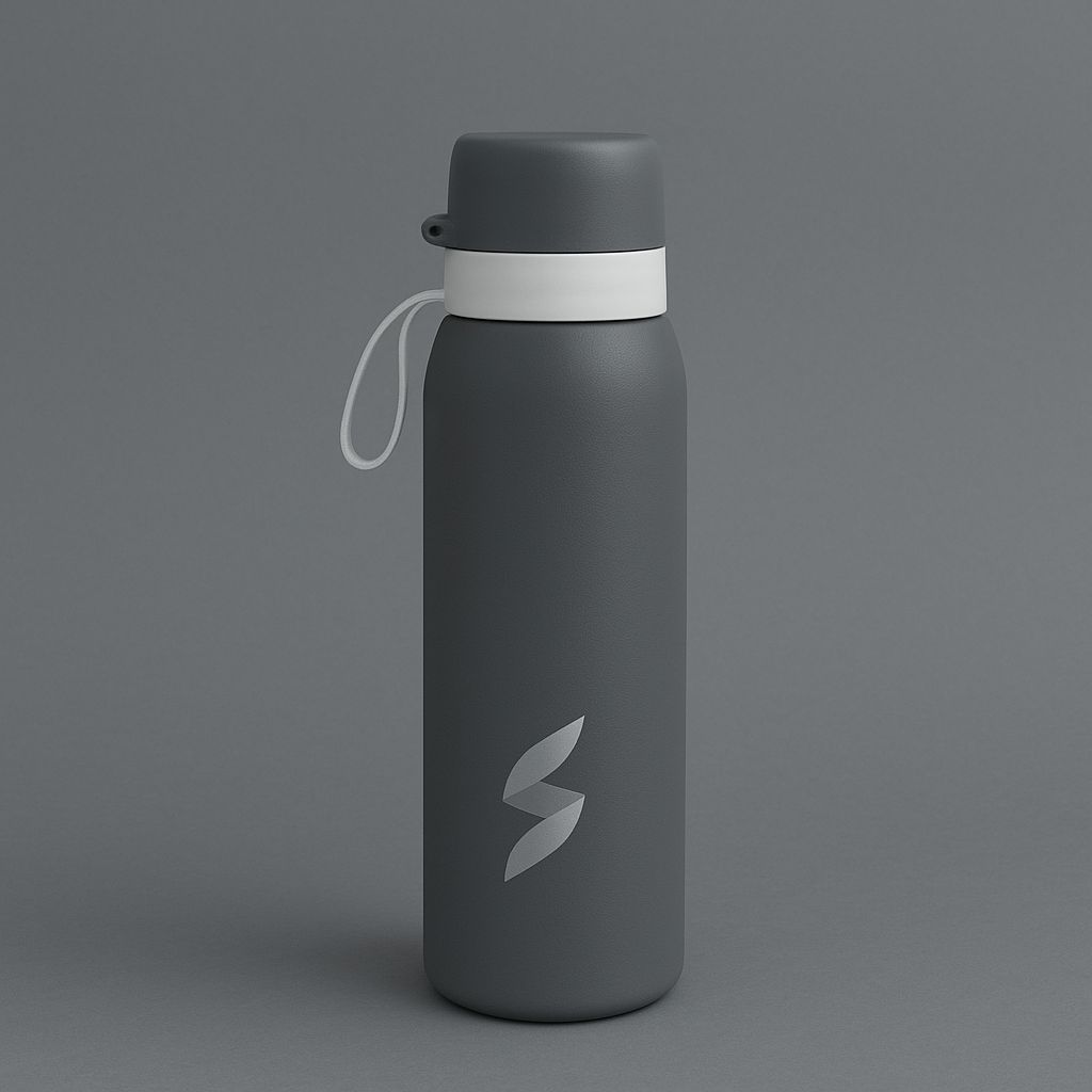 Gray water bottle with a logo on a gray background