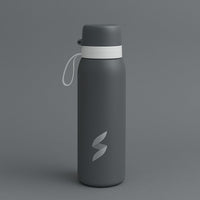 Gray water bottle with a logo on a gray background