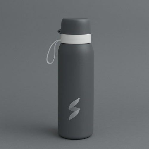 Gray water bottle with a logo on a gray background
