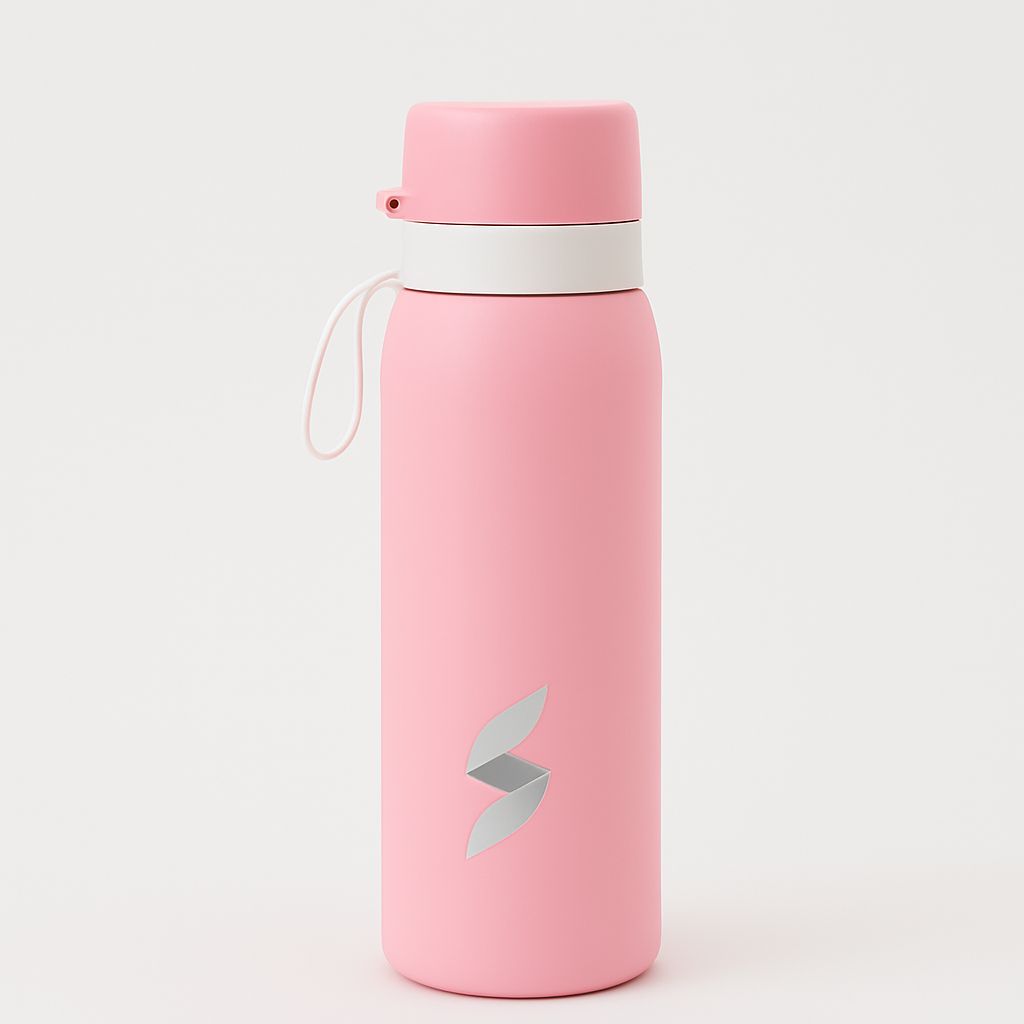 Transparent plastic water bottle placed on a wooden table
Reusable stainless steel water bottle with a matte finish
Insulated water bottle in dark blue color with a screw cap